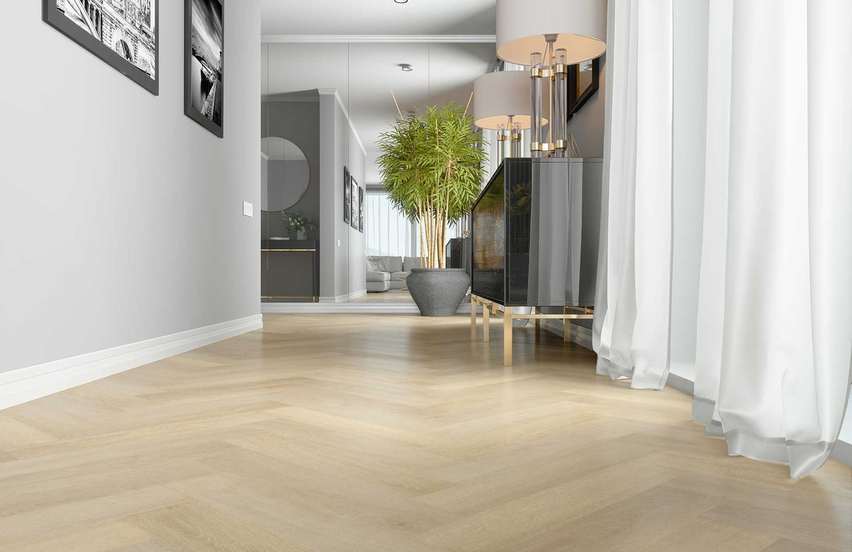 Кварцвиниловый SPC ламинат Fargo Parquet Дуб Финский Залив 33-2180-04 венгерская елка 615×123×4 фото в интерьере